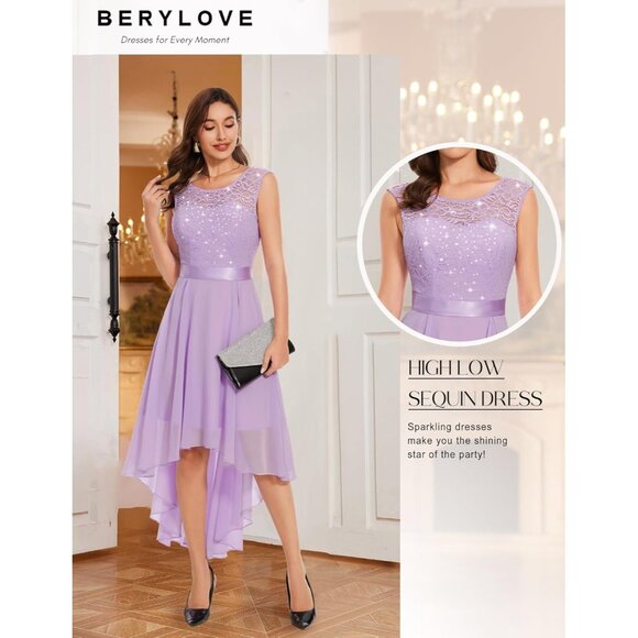 BeryLove Women Lavender Sequin Chiffon Scoop Neck Sleeveless Lace Cocktail Dress - Picture 5 of 6